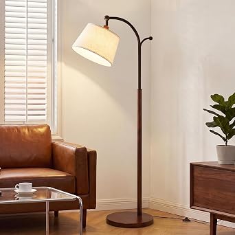 Floor Lamp, Arched Wood Floor Lamp, Linen Shade, Dimmable 3 Color Temperatures, Foot Switch & Coat Hook for Living Room Bedroom Nursery - Solid Wood