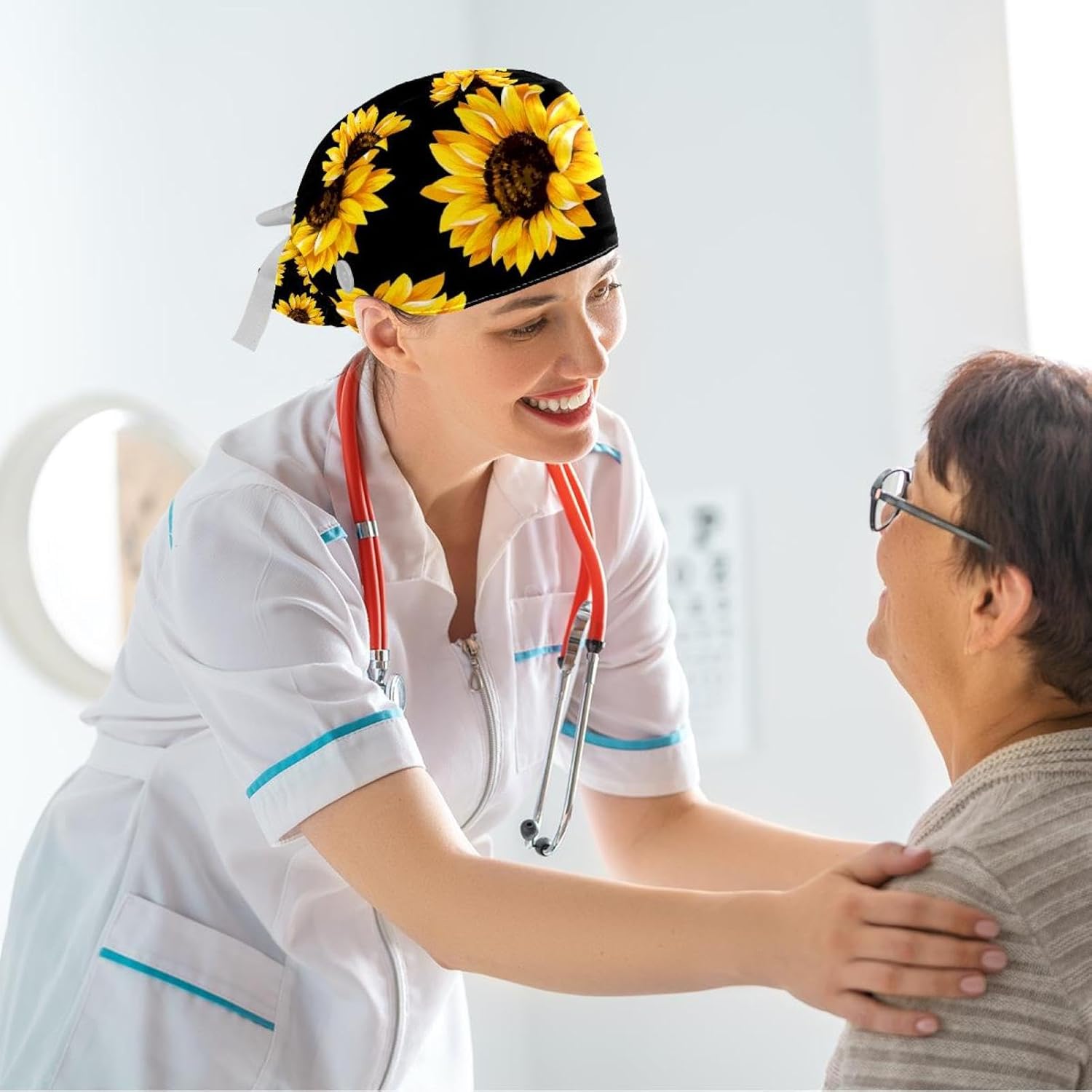 Adjustable Working Cap with Hair Ties Scrunchy with Ponytail Pocket Elastic Tie, Sunflower Black Pattern - Image 6