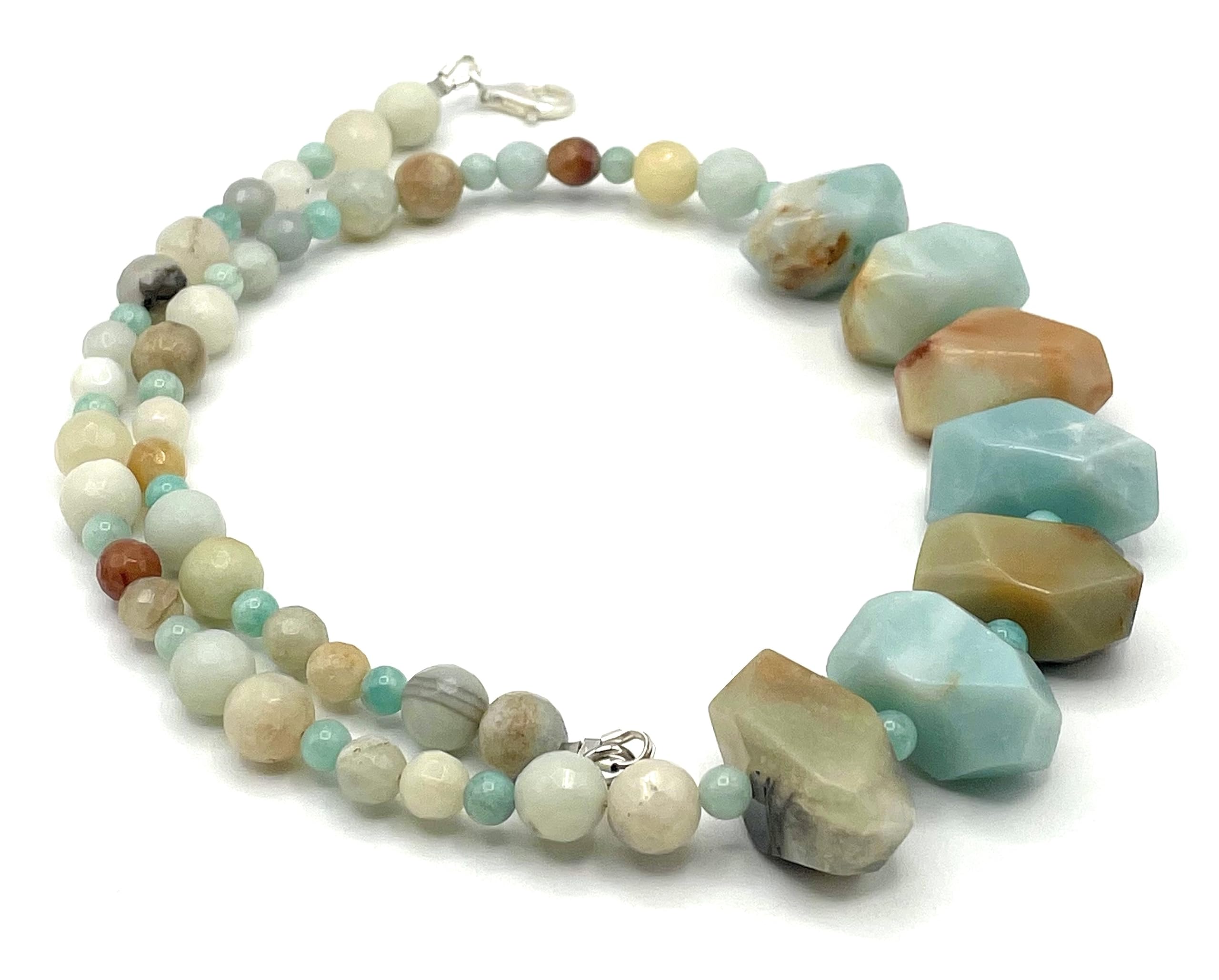 Collana con Pietre di Amazzonite Multicolor, Girocollo Grandi Pietre Turchesi, Gioielli Argento 925, Bijoux Italiani, Pietra di Marzo