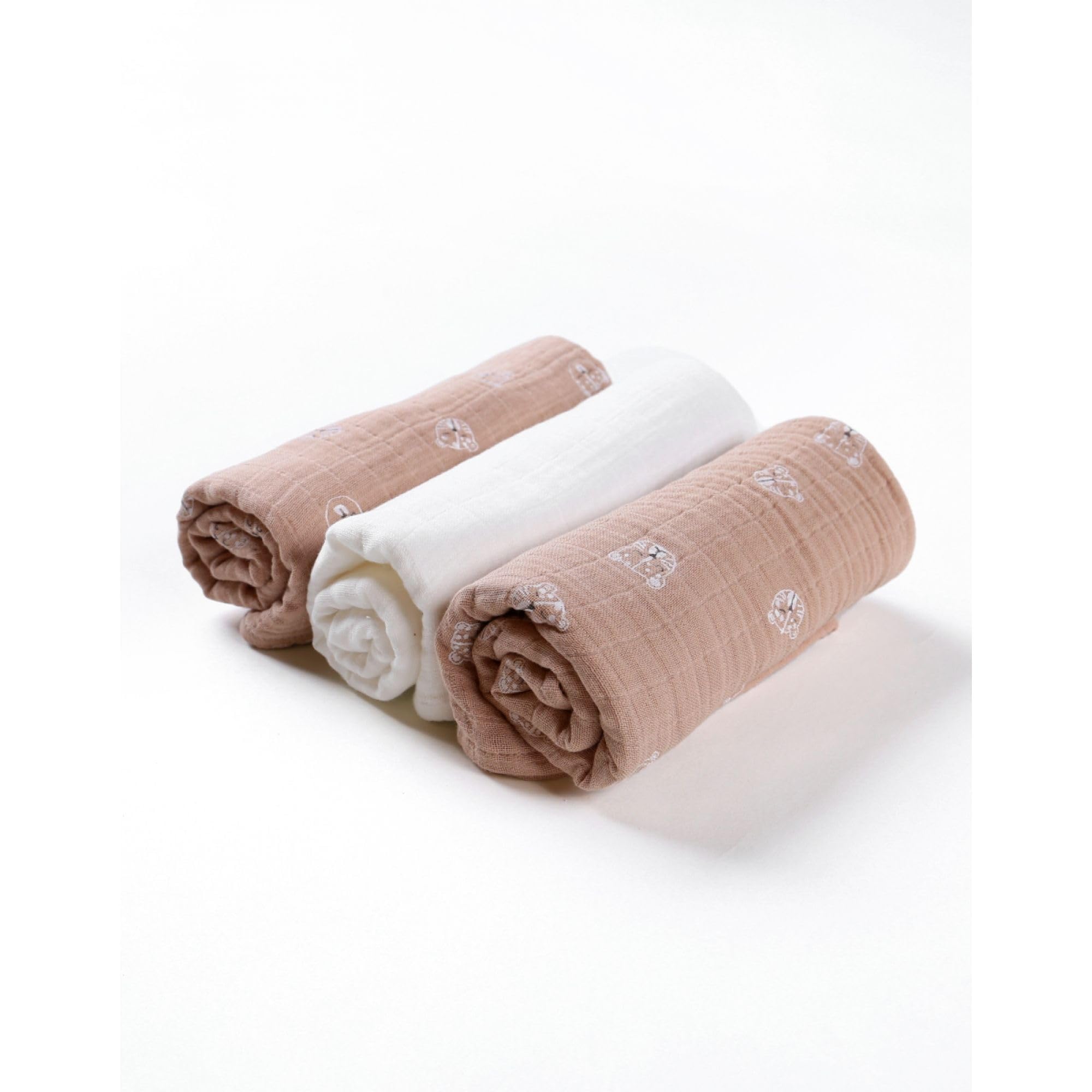 Noukie's - Zestaw 3 pasków Mix&Match - Organiczny szyfon - Ecru/Pink - Wzory kotów
