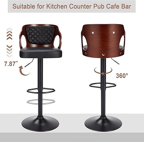 Miniatura 7 de VECELO Juego de 4 taburetes de bar para isla de cocina con respaldo de madera curvada, reposabrazos y reposapiés, asiento acolchado de piel