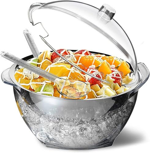INNOVATIVE LIFE Ensaladera grande con base y tapa enfriadora de hielo, bandeja refrigerada para verduras con dos cucharas largas, platos de fiesta