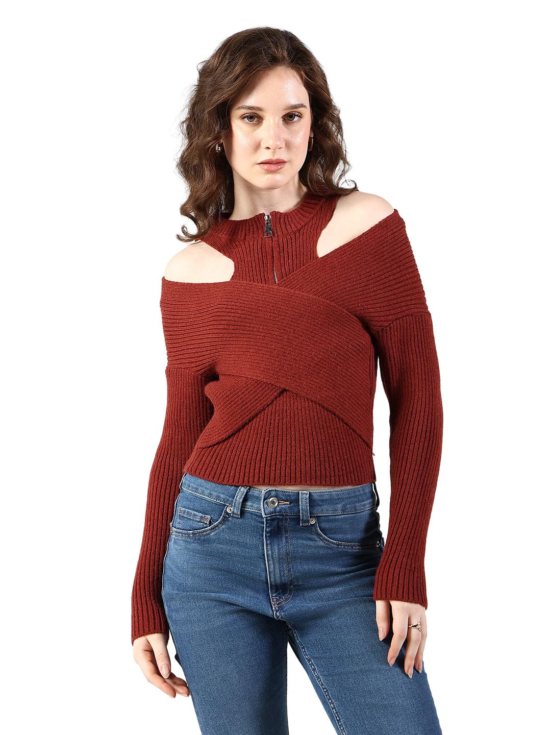 showoffff Women Solid Fitted Casual Top | Halter Neck Full Sleeves Ribbed Top's for Womens | Regular Fit Regular Length Tops for Women's-picture-16