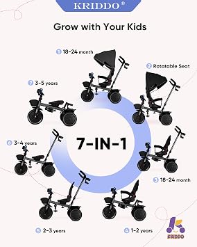 KRIDDO 7-in-1 Tricycle Stroller for Toddlers 18 Months to 5 Years, Adjustable Push Handle, Rotatable Seat, Cup Holder and Retractable Canopy, Folding Baby Trike w/Detachable Guardrail, Footrest, GY