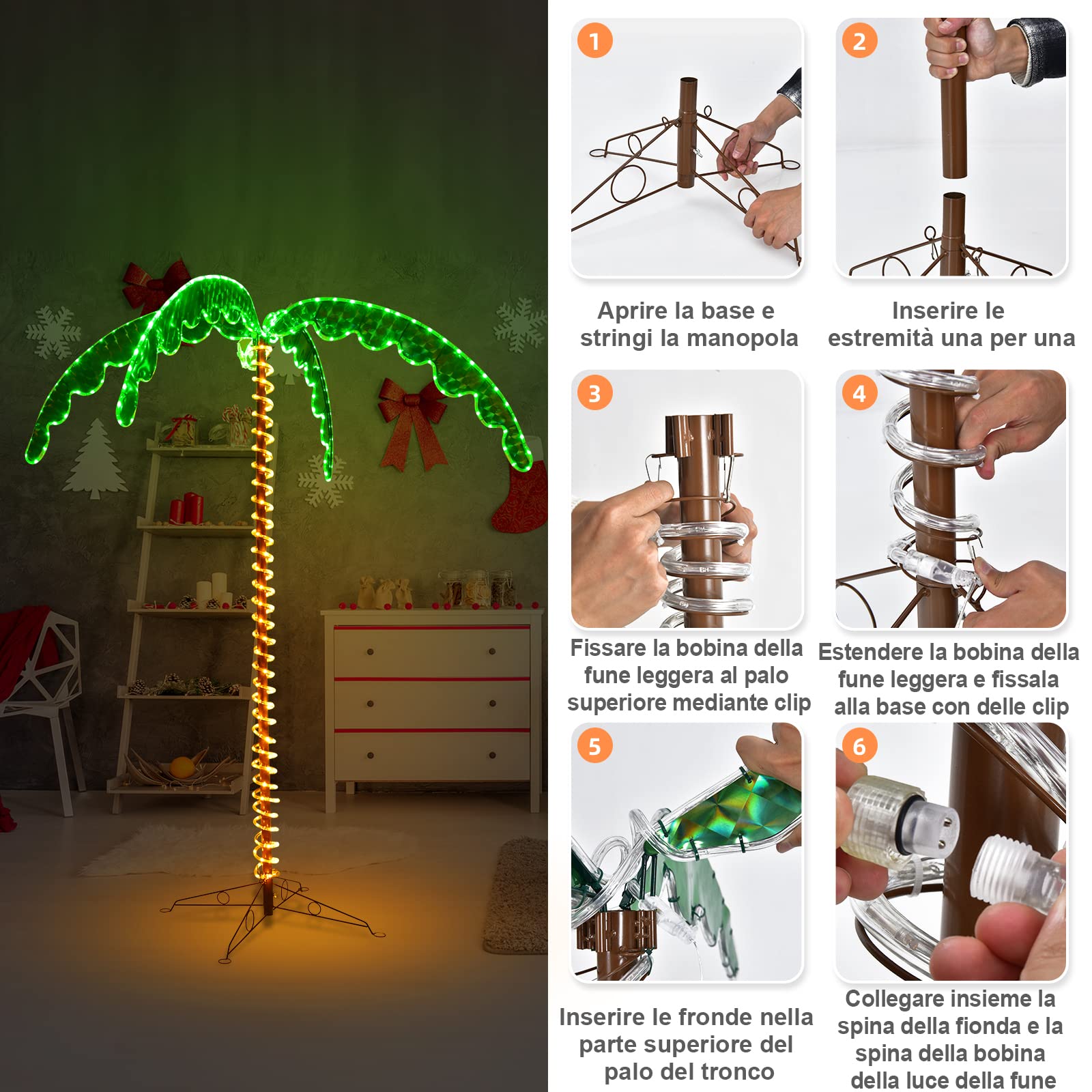 COSTWAY Palma Tropicale con Luci LED 136/168 cm, Illuminazione Esterna con Forma di Palma, con Base Pieghevole, Palma Realistica Decorativa per Feste e Esterno (168cm)