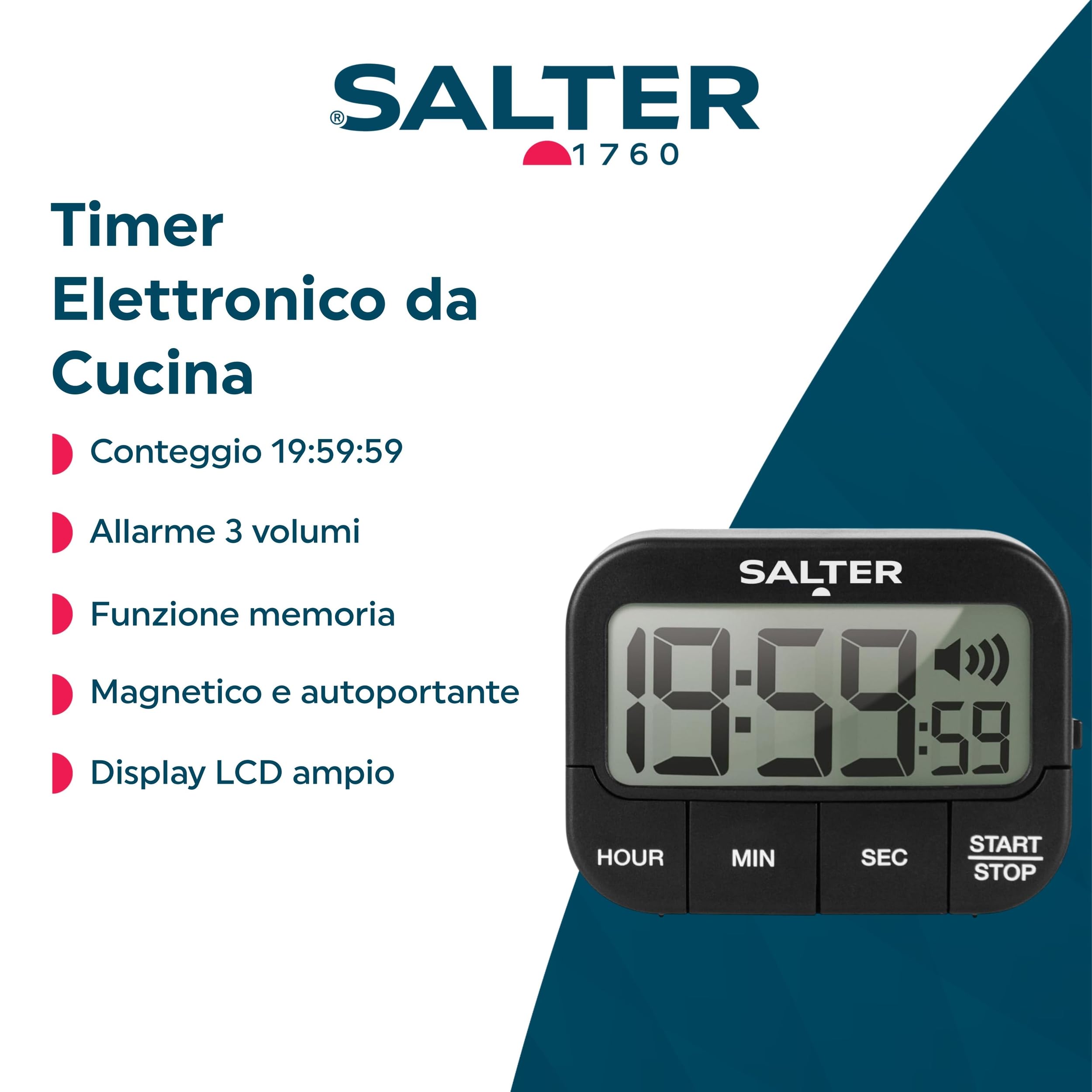 Salter 355 BKXCDU Premium Timer elettronico, magnetico/autoportante, conto su/giù, 19 ore e 59 minuti e 59 secondi, cicalino alto con 3 volumi, funzione di memoria, nero