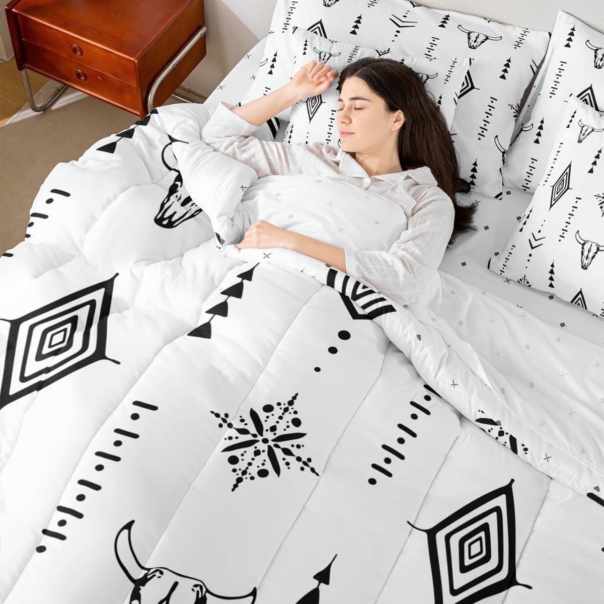 Erosebridal Western Bull Skull 7 Pcs Bedding Set King Boho Aztec Comforter Set Ethnic Cow Tribal Bed in a Bag Sheet Set Geometric Black and White Bed Sets Abstract Minimalist Ethnic Comforter
