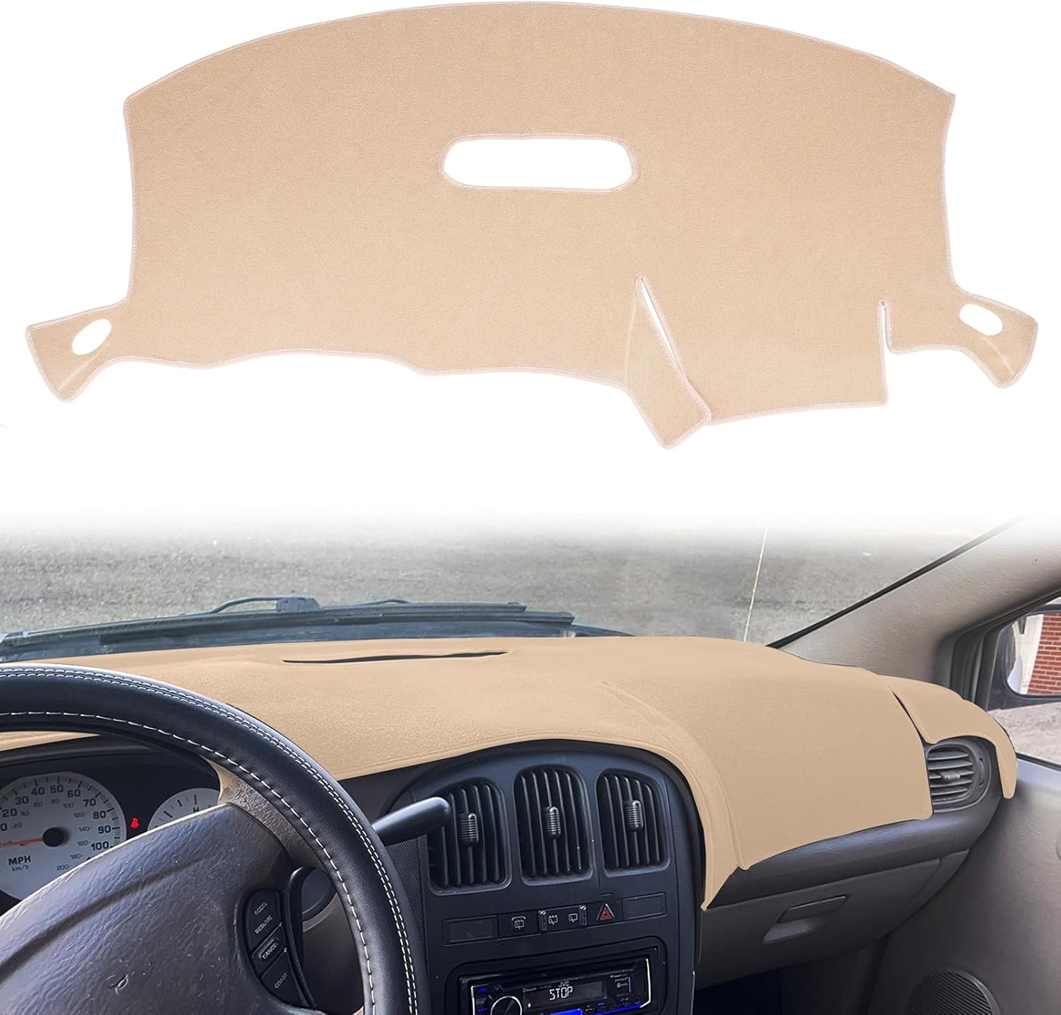 Dashboard Cover Custom Fit for 2001-2007 Dodge Caravan/Grand Caravan/Chrysler Town Country/Voyager Without Raised Display w/o Sensor,Dash Cover Mat Pad Protector (Beige)