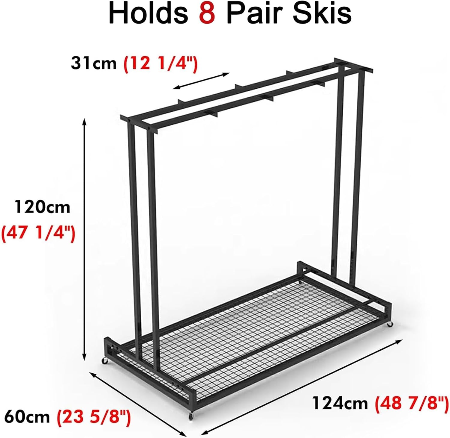 HOFSSI Large Capacity Ski and Snowboard Rack Floor Stand, Storage 2 4 6 8 Pair Skis Snow Ski Display Rack, Skis Equipment Organizer Cart, Black(124x60x120cm)