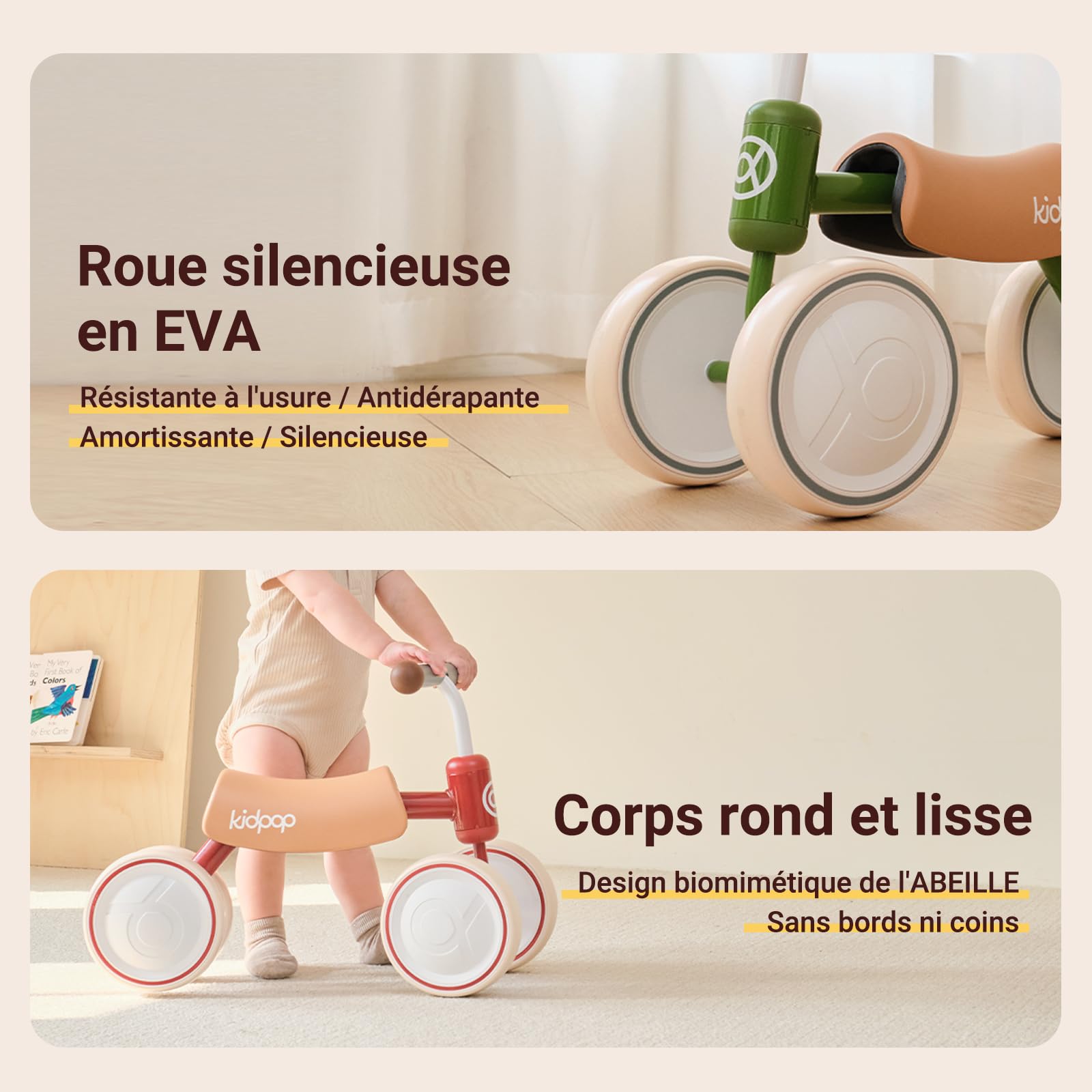 kidpop Vélo d'Équilibre Big Bee (Unisexe), Vélo à Quatre Roues, Jouet à Pousser pour Tout-Petits de 1 à 2 Ans