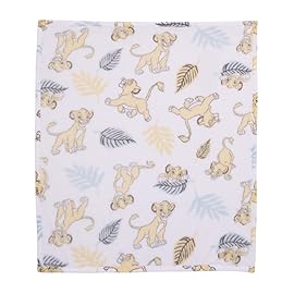 Disney Lion King Super Soft White, Yellow, Green Simba Leaves French Fiber Baby Blanket, White, Green, Yellow (4142501P)