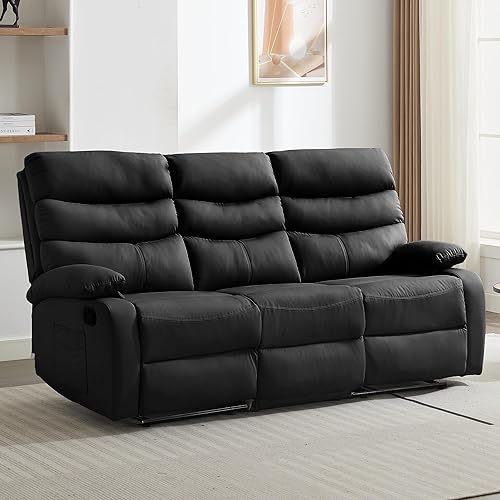 3 Seater Recliner Sofa, Homebody Reclining Sofa, Home Theater Seating with 2 Side Pockets, Manual Recliner Couch of Anti-Scratch Leather, Reclining Sectional for Living Room, Black