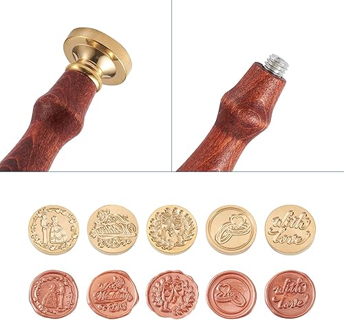 Miniatura 2 de Juego de sellos de cera, 6 piezas con tema de boda, cabeza de sello de cera con mango de madera de haya y varillas de cera de aleación, cuchara de
