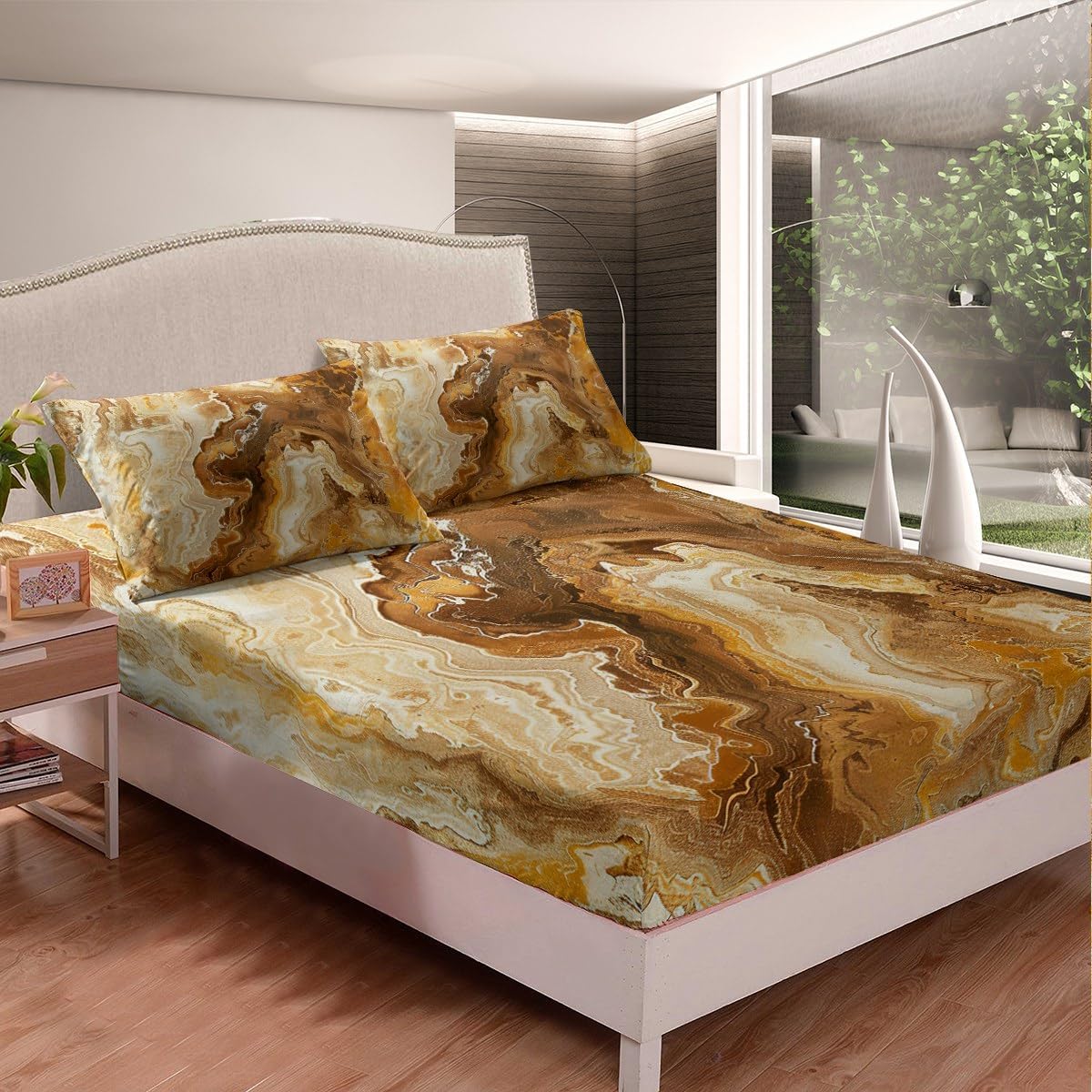 Erosebridal Marble Bed Sheets Full Ink Fluid Fitted Sheet Modern Marbling Art Sheets for Adults Men Women Luxury Stone Liquid Yellow Brown Abstract Deep Pocket Bedding Set
