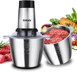 Qinkada Food Processor, 2 Stainless Steel Bowls, 14Cup, 500W Powerful Electric Meat Grinder, 3 Speed Modes 4 Bi-Level Blades for Onion, Meat, Nuts, Fruit, Garlic, Vegetable, Baby Food