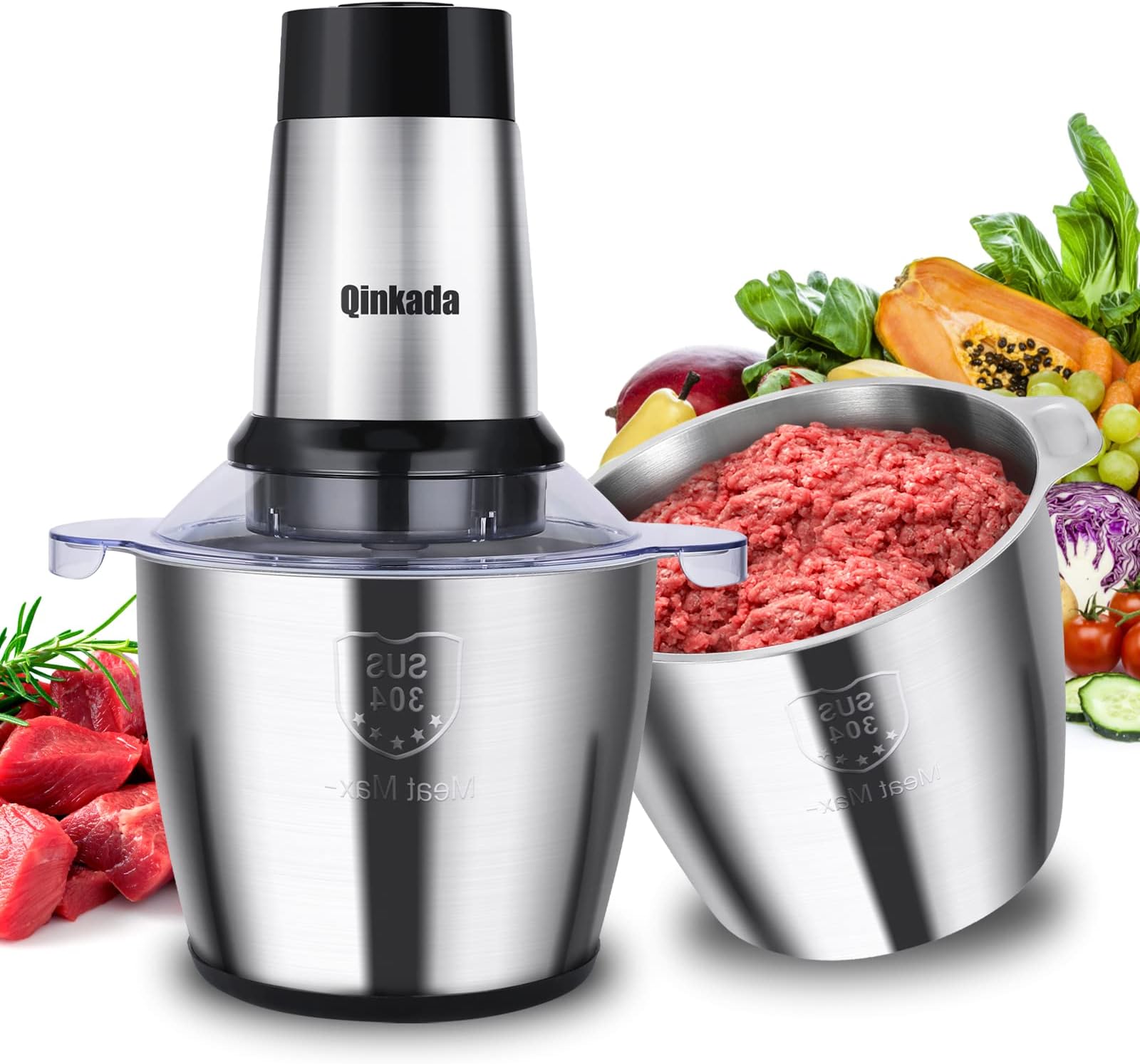 Meat Grinder with 2 Stainless Steel Bowls, 500W Electric Food Processors, 3 Speed, 4 Bi-Level Bladesand Spatula for Baby Food, Meat, Onion, Vegetables, Fruits