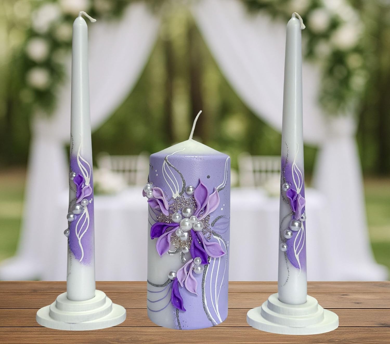 Unity Candle Set for Wedding Ceremony with White Wooden Taper Candle Holders, Lavender Purple Floral Wedding Candles, Handmade Unity Candle Set 6" х3, Christian Altar Decor