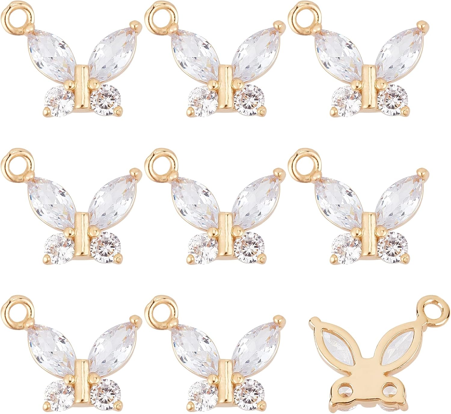 BENECREAT 10Pcs Cubic Zirconia Double Butterfly Charms 14K Gold Plated Brass Micro Pave CZ Rhinestone Pendants Hanging Dangle End Charms with Loop for Jewelry Making