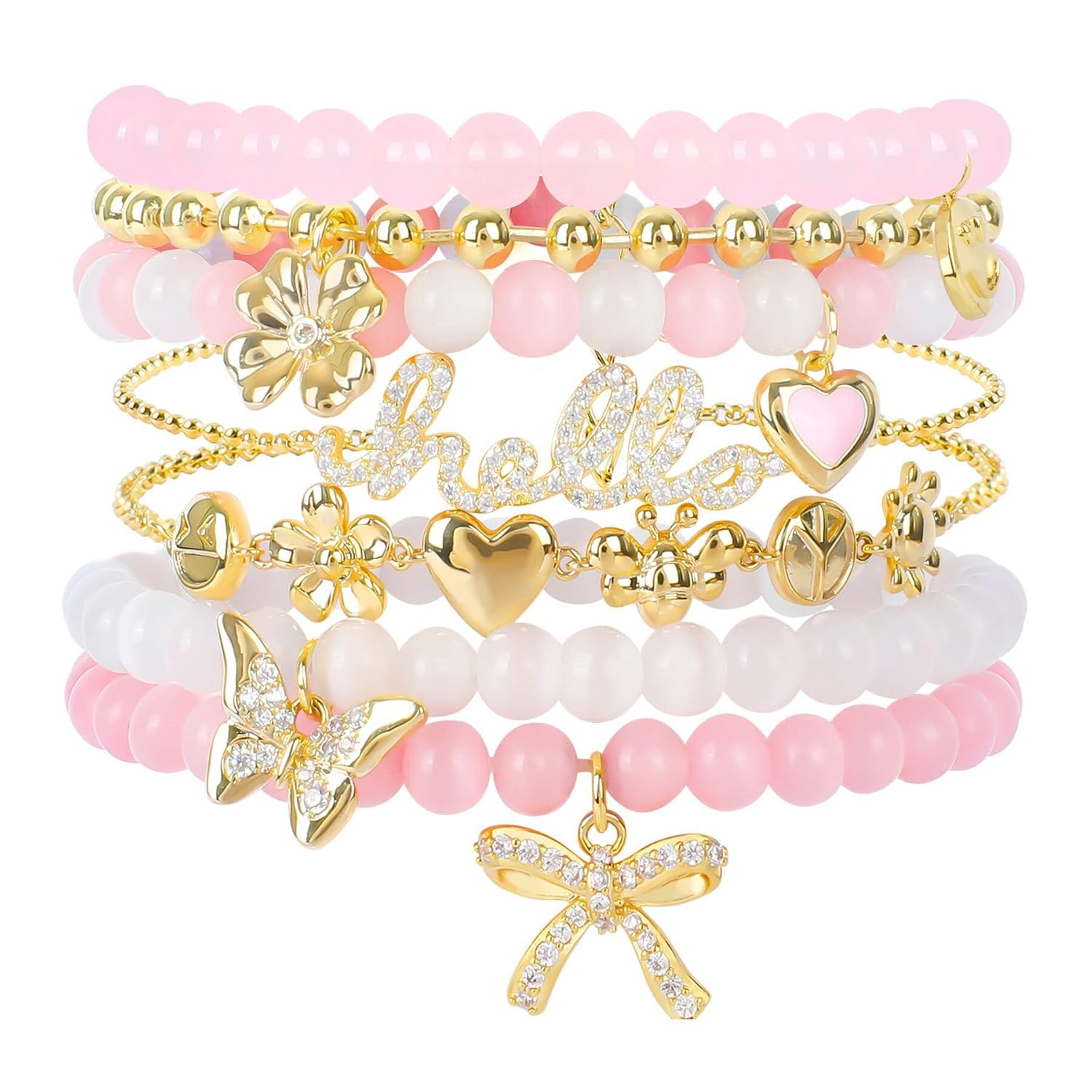 Pink Beaded Bracelet for Women 7Pcs Stackable Opal Stone Stretch Bracelets Sweet Multilayered Gold Charm Bracelets Set Love Heart Flower Clover CZ Butterfly Bow Hello Charm...
