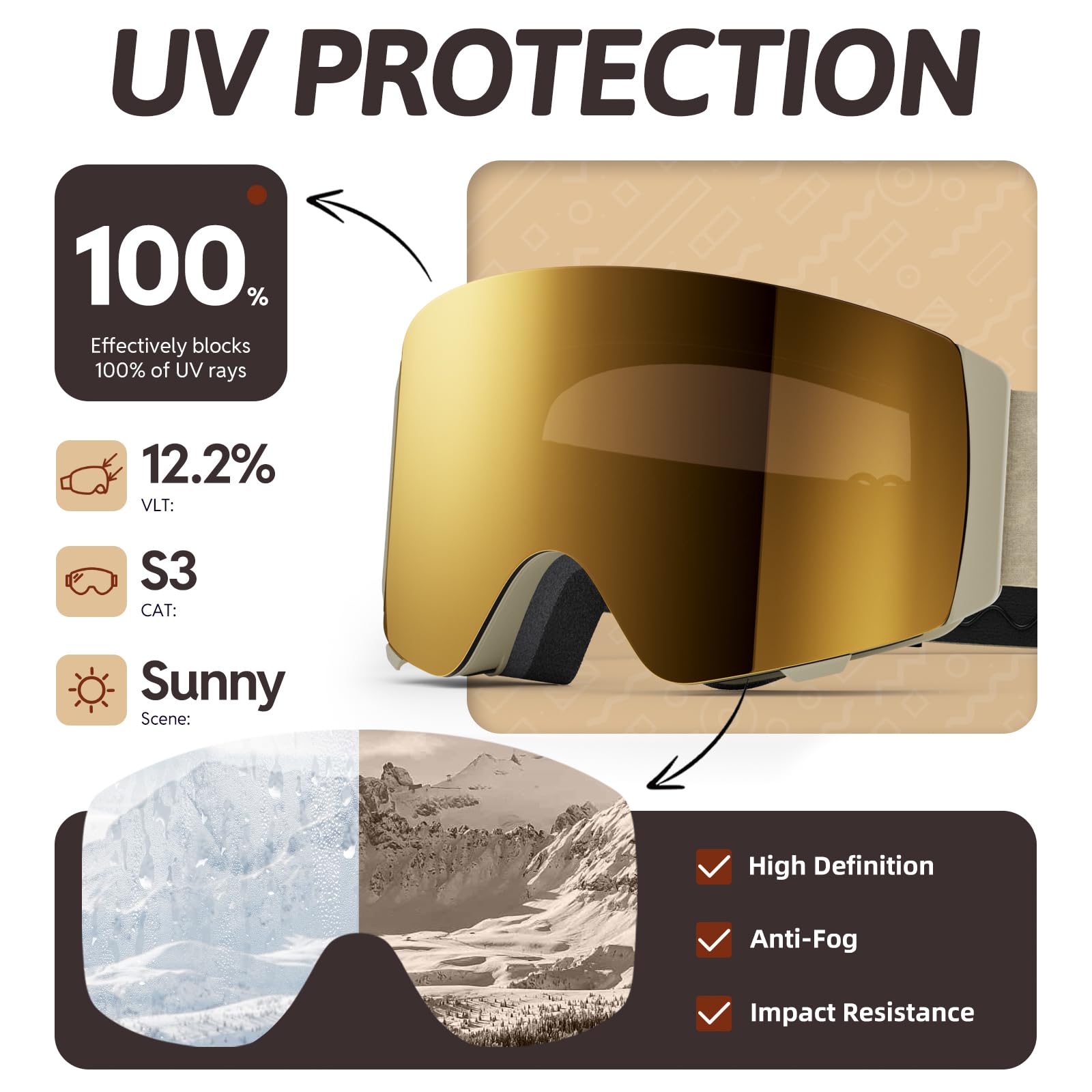 JUBAO Gafas de esquí abatibles para niños, antivaho, magnéticas, para nieve, snowboard, para niños y niñas, antivaho instantáneo, protección UV400
