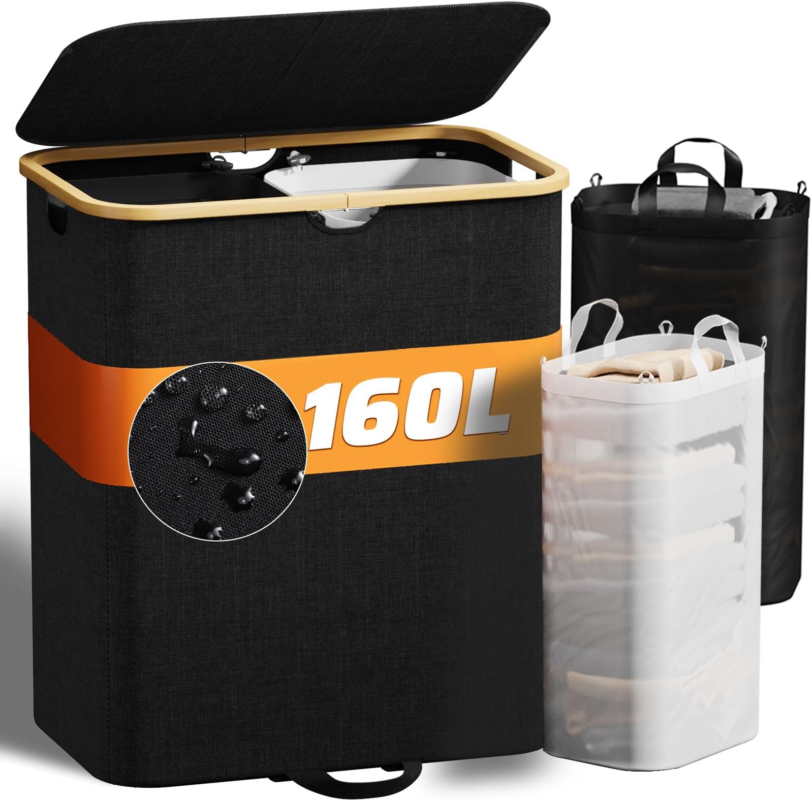 Laundry Hamper with Lid, 160L Black Laundry Hamper 2 Section Dirty Clothes Hampers for Laundry Foldable Laundry Basket Organizer Double Laundry Hamper for Bedroom, Laundry Room, Bathroom