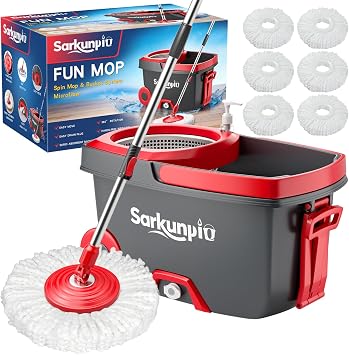 Spin Mop and Bucket Set with 6 Microfiber Heads, Deep Grey