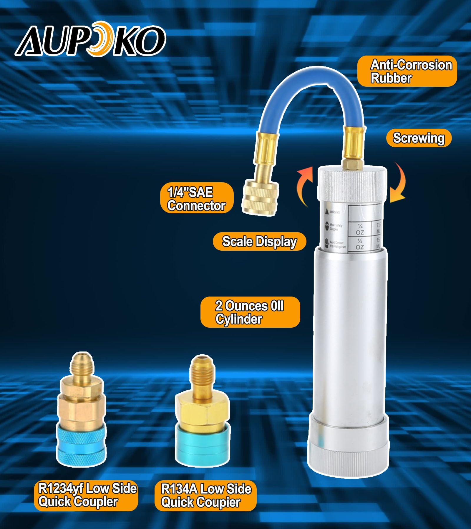 Aupoko Kit iniettore olio AC, iniettore olio R134A con attacco rapido lato basso R1234YF, iniettore di olio per tintura HVAC con connettore SAE da 1/4", per sistema refrigerante R134A R22 R12 R1234YF