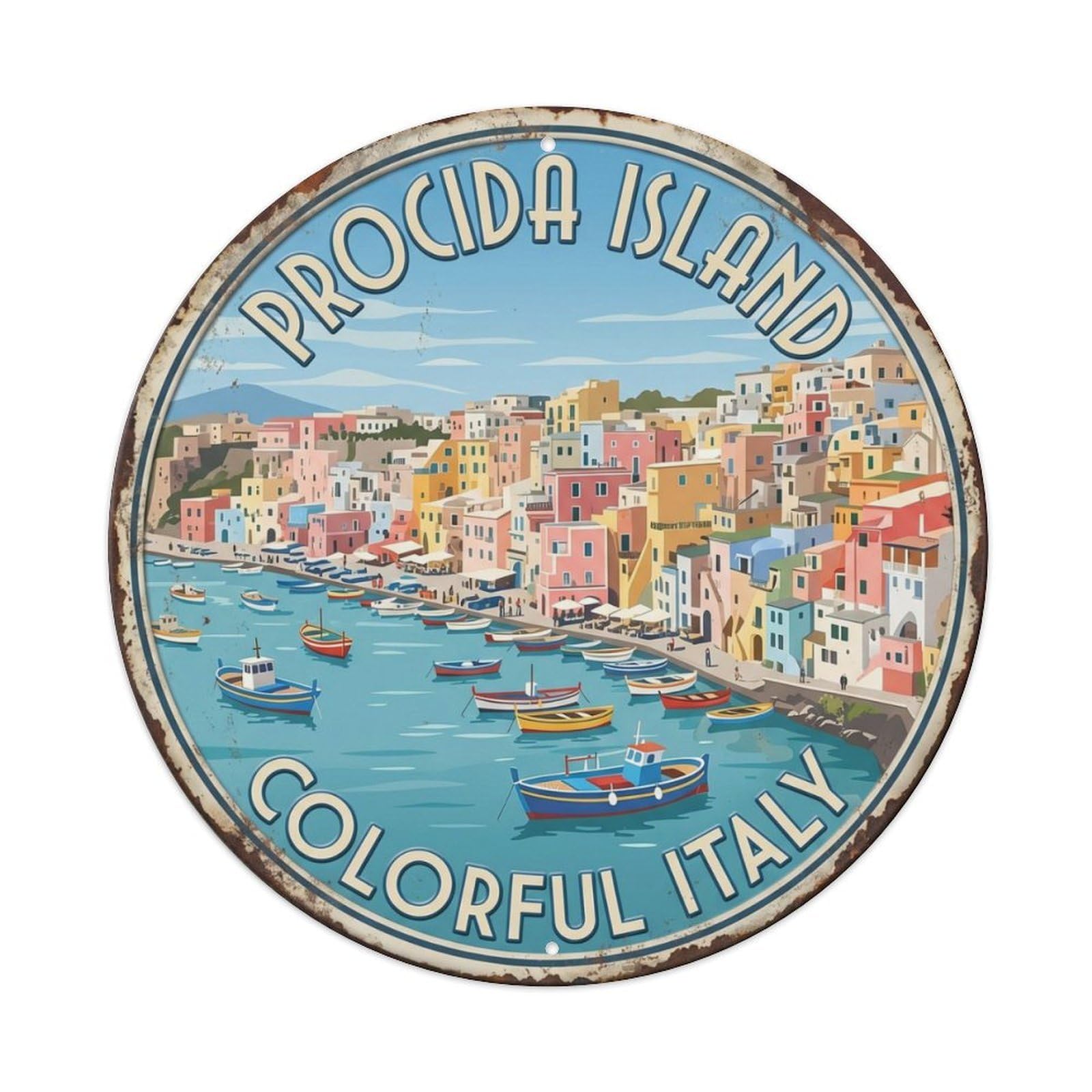 Procida Island Colorful Italy Harbor Metal Tin Sign Plaque Wall Decor for Cafe, Club Bar, Office, Home Garden Round Metal Poster 8x8Inch