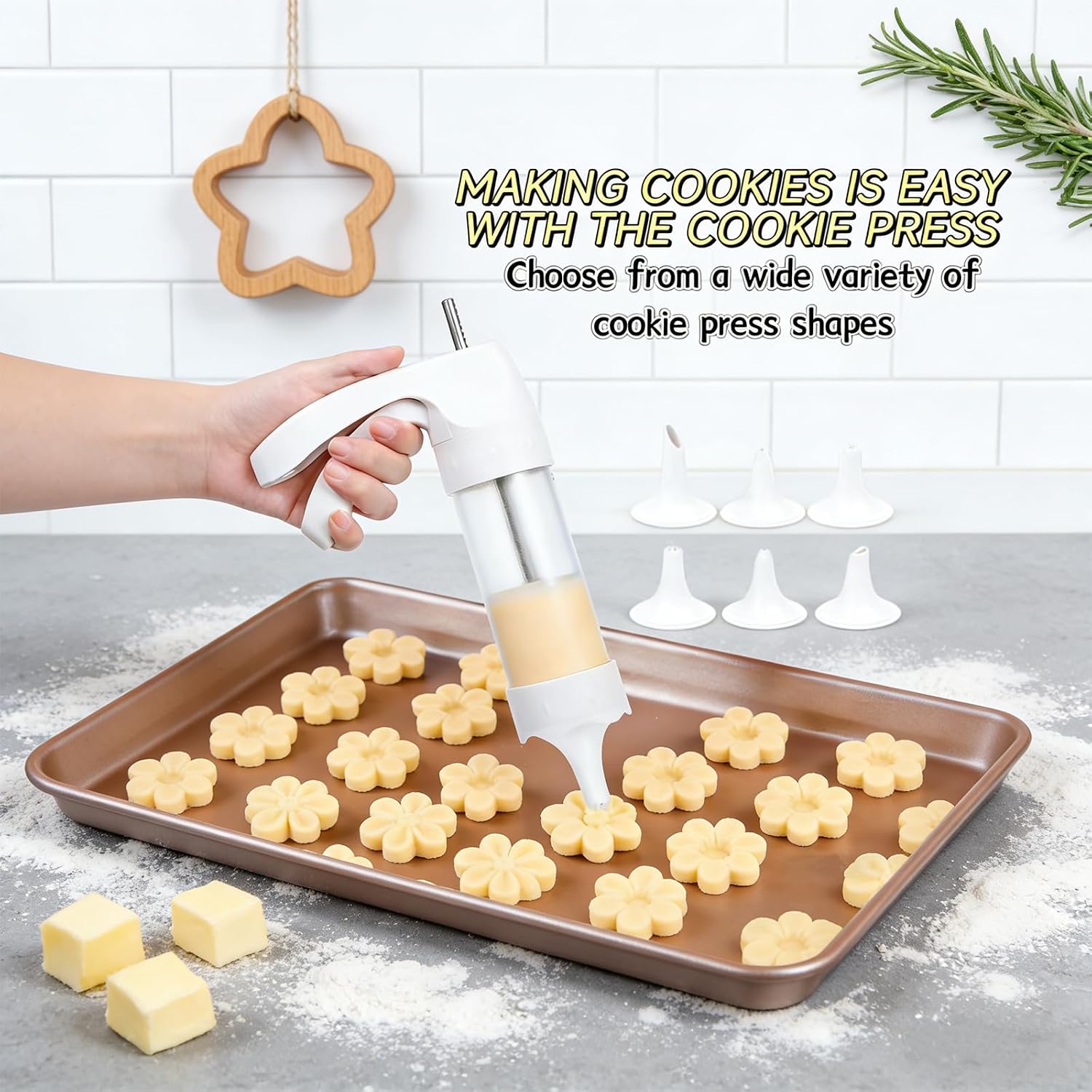 Cookie Press Gun Kit: 12 Discs & 6 Nozzles for Easy Baking. Make Spritz Cookies, Biscuits & Cheese Press. Ideal for Sweet & Cake Decorations. Includes 6 Piping Tips.