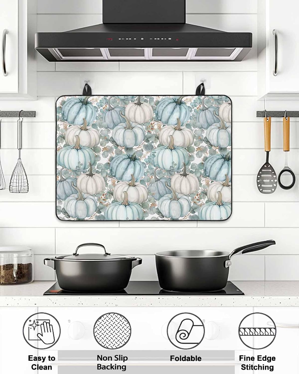 Stove Top Cover for Electric Stove Fall Thanksgiving Watercolor Light-Sky-Blue Pumpkins Eucalyptus Leaves 36" x 21" Heat Resistance Electric Stove Cover Glass Stove Top Protector Counter Protector
