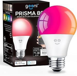 Geeni Prisma 800 2700K Dimmable A19, 60W Equivalent Color Changing RGBW LED Smart WiFi Light Bulb, Works with Alexa and Google Assistant, No Hub Required, Requires 2.4GHz WiFi (1 Pack)