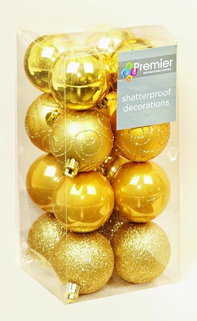 16 x Gold shatterproof Christmas tree Baubles Decorations Mixed finishes