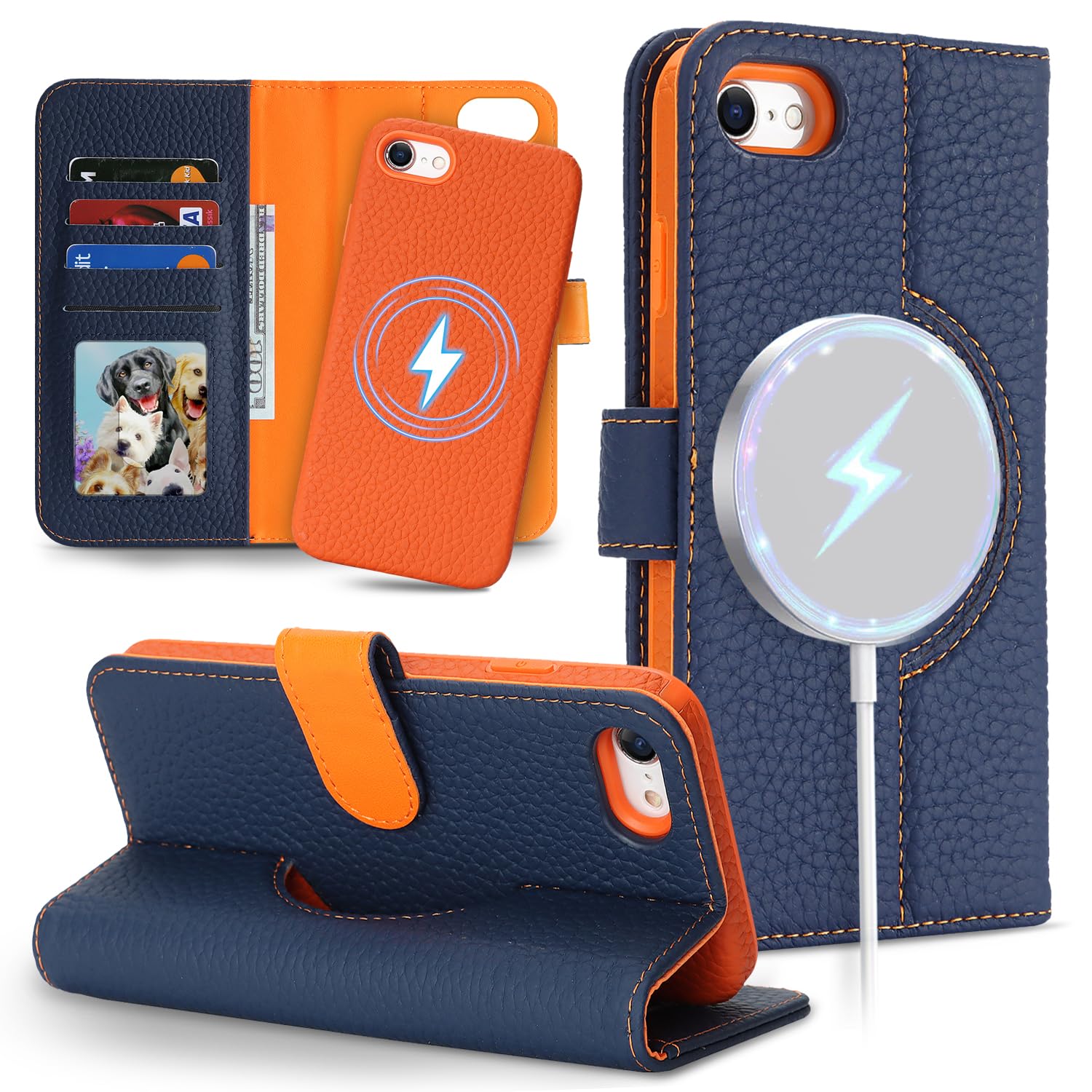 Detachable Genuine Leather Case for iPhone SE 2020/SE 2022/7/8 Wallet Case Magnetic 2in1 Removable Flip Cover Book Purse Compatible with Magsafe Charging Stand Card Holder-Navy Blue+Orange