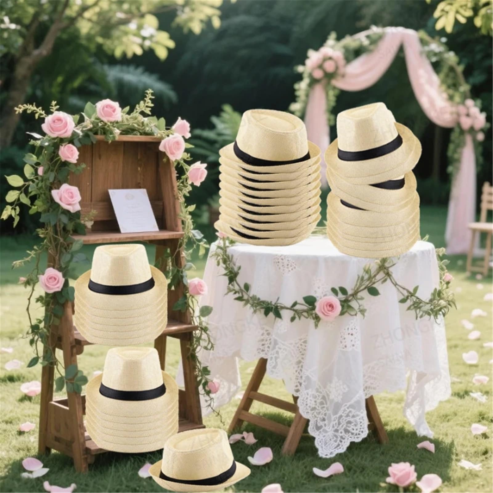 Chapeau de Paille Homme Lot de 10 à 90 Chapeaux Fedora en Paille for Hommes et Femmes, Chapeaux de fête de Mariage, Casquettes de Plage à Bord Court(Straw-XL-Beige,10 PCS)