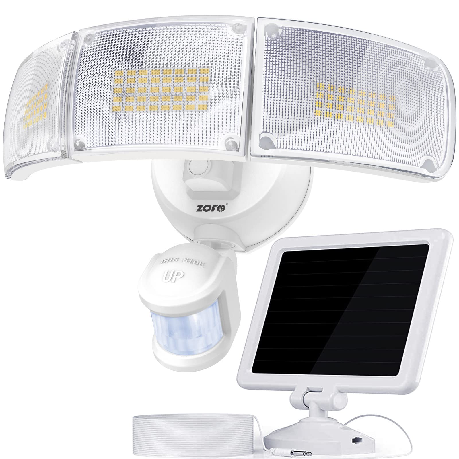ZOFO Luz Solar Exterior Con Sensor de Movimiento, 2300LM Luces Solares Led Exterior Jardin Con Luz de 3 Cabezas, 5000K, Luces Detectoras de Movimiento a Prueba de Agua IP65 Apliques Exteriores Solares