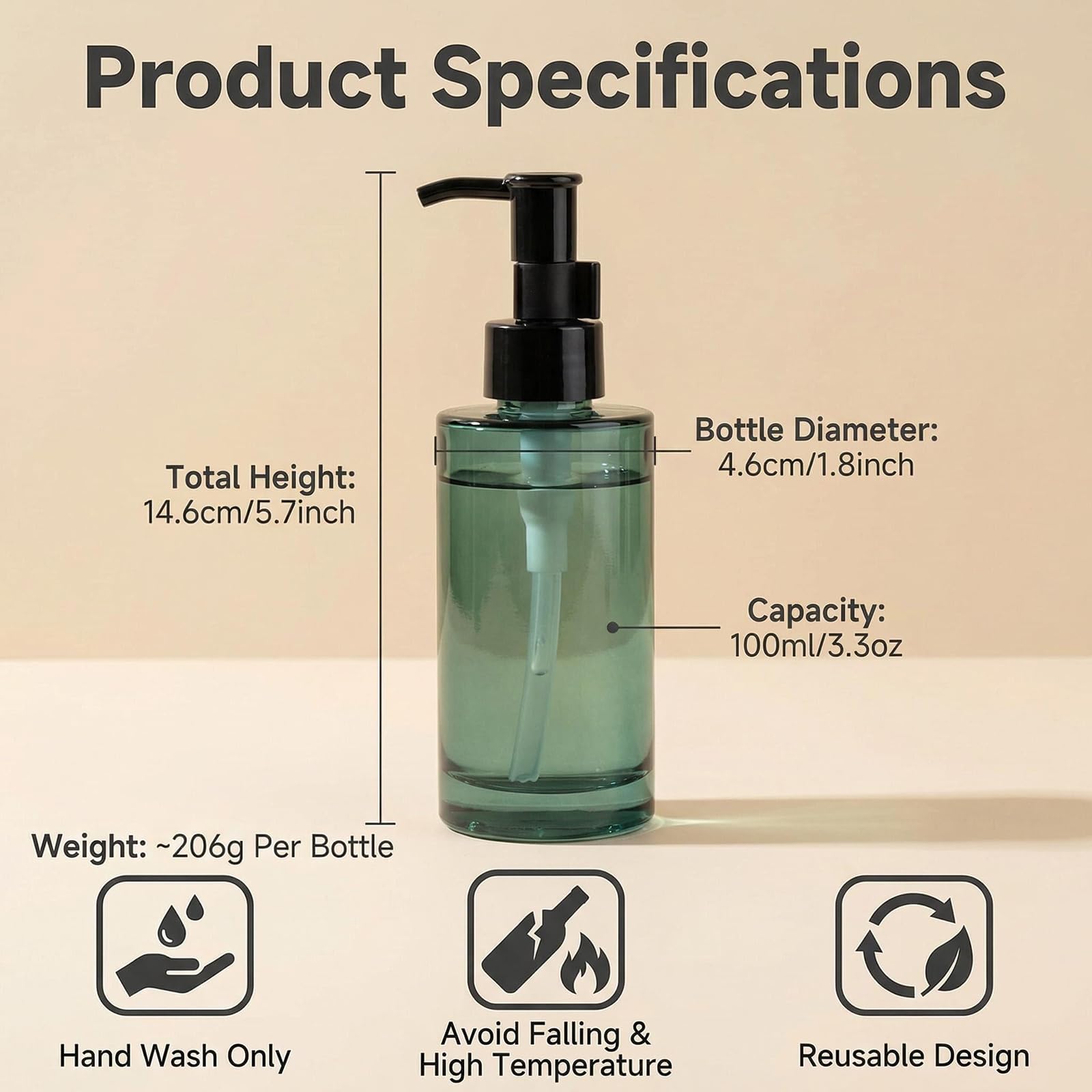 Flacone vuoto in vetro da 100 ml, ricaricabile, con pompa nera, dispenser per cosmetici, creme, lozioni, per oli essenziali, emulsioni, essenze, bottiglie da viaggio (blu)