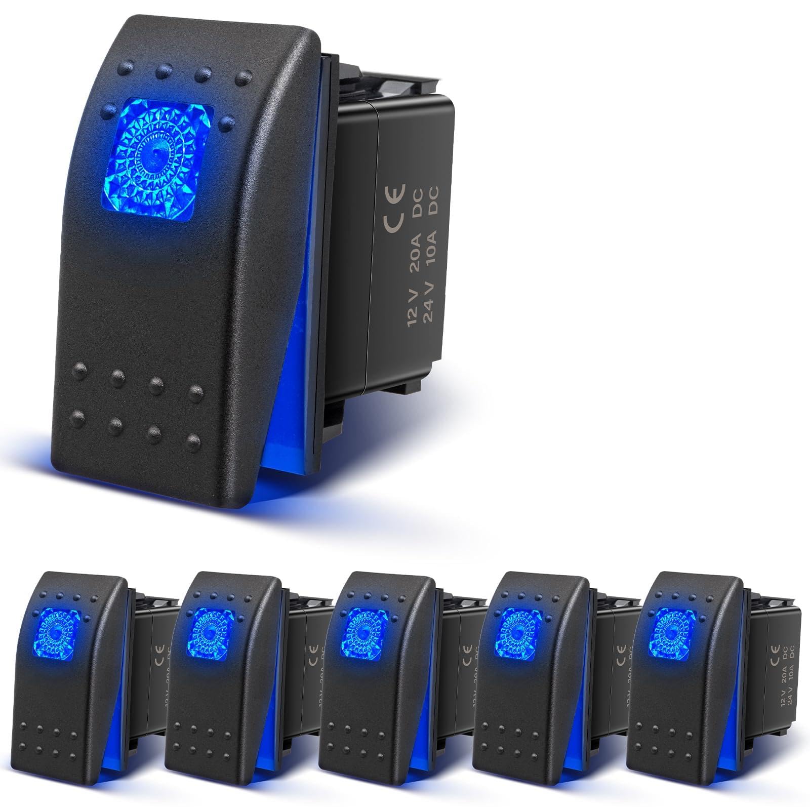 Anina 6PCS Rocker Switches 4Pin SPST 20A/12V 10A/24V ON/Off Set with Night Glow Sticker, Blue LED Light Waterproof Boat Marine Toggle Switch 2