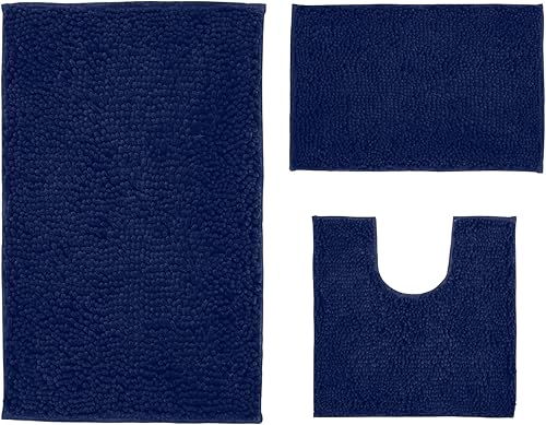 Alfombras de baño de felpilla antideslizantes, 3 piezas, color azul oscuro, extra suaves y absorbentes, lavables a máquina, de secado rápido (azul