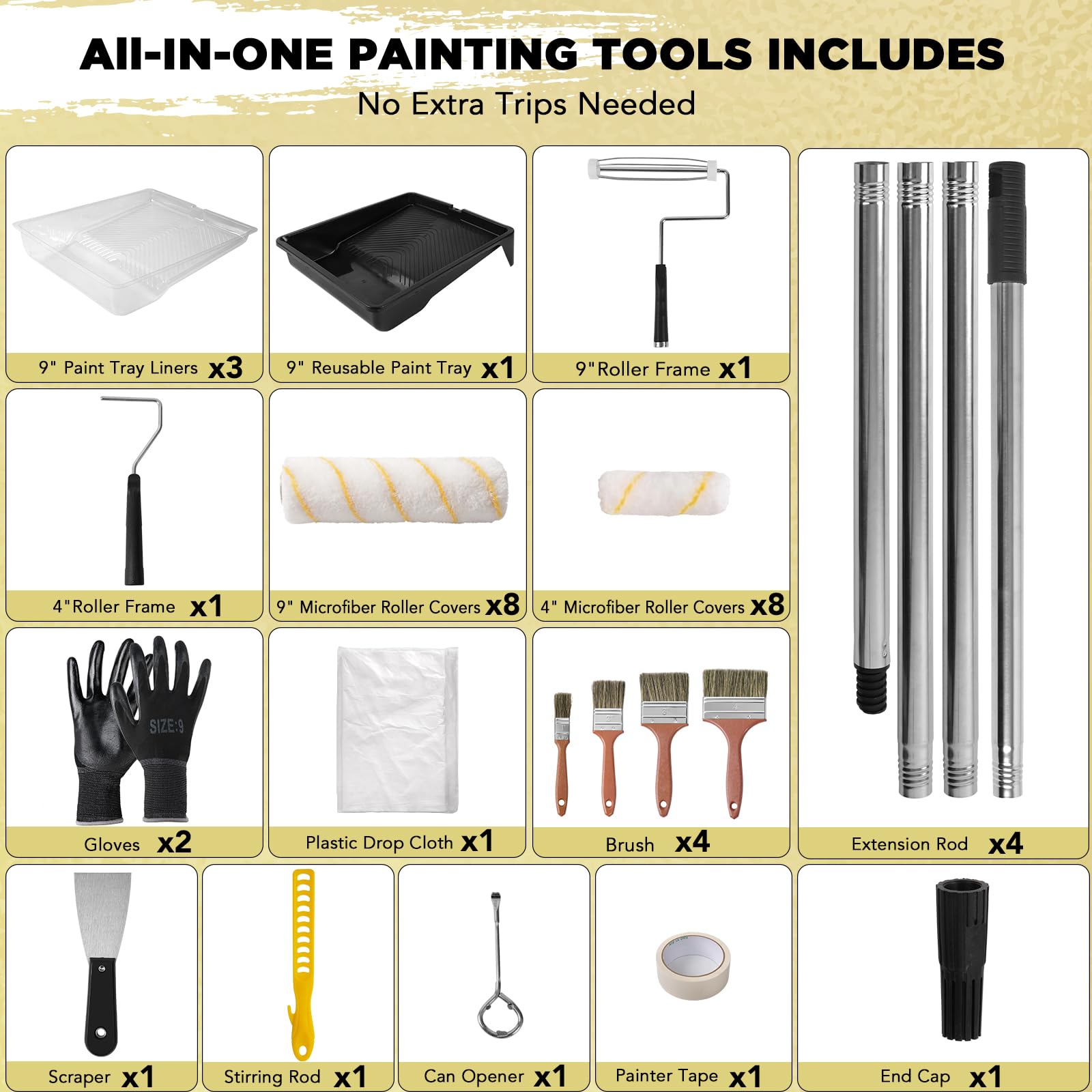 Kit de 33 rodillos de pintura con poste de extensión de 4 secciones, bandejas de rodillos de 9 pulgadas, asas resistentes, rodillos de pintura de microfibra, pinceles, paño de caída, herramientas de