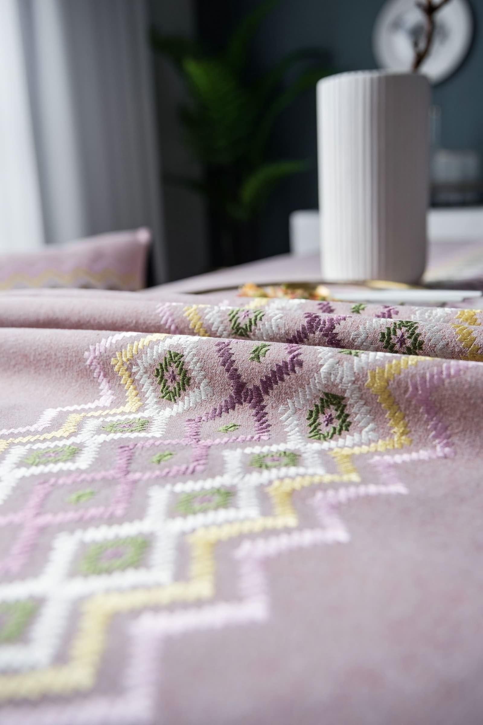 Tablecloth różowy, bawełna len zmywalny obrus haft obrus prostokątny 100 x 160 cm
