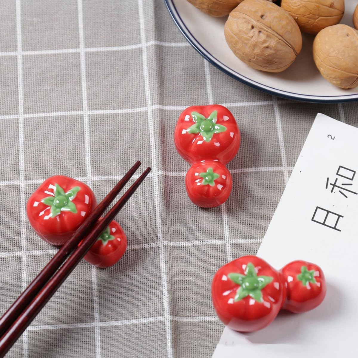 Uonlytech 7pcs Red Ceramic Chopstick Holder Set Cute Tomato Shape Chopsticks Racks Cutlery Rest for Kitchen Dining Tableware Organizer