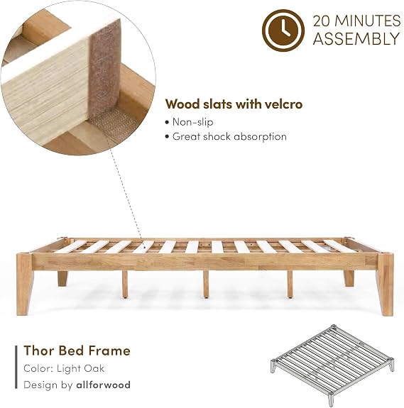Thor Japanese Joinery Bed Frame Queen, Solid Wood (Light Oak)