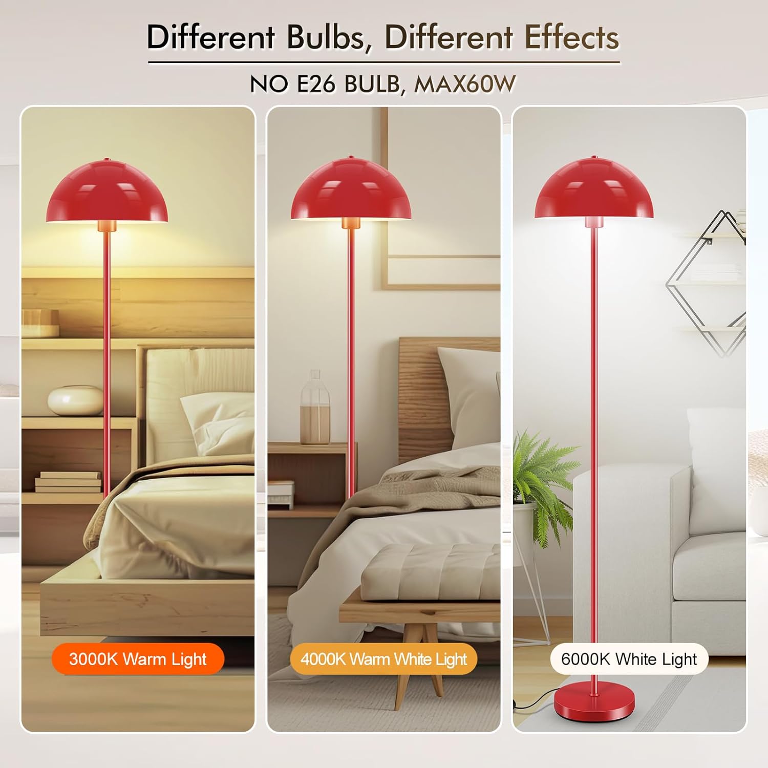 Floor Lamp, Industrial Red Floor Lamps for Living Room, 65.6in Standing Lamp, Retro Mushroom Dome Shade, Whole Metal, E26 Socket, Mid Century Modern Floor Lamp for Bedroom/Office,No Bulb