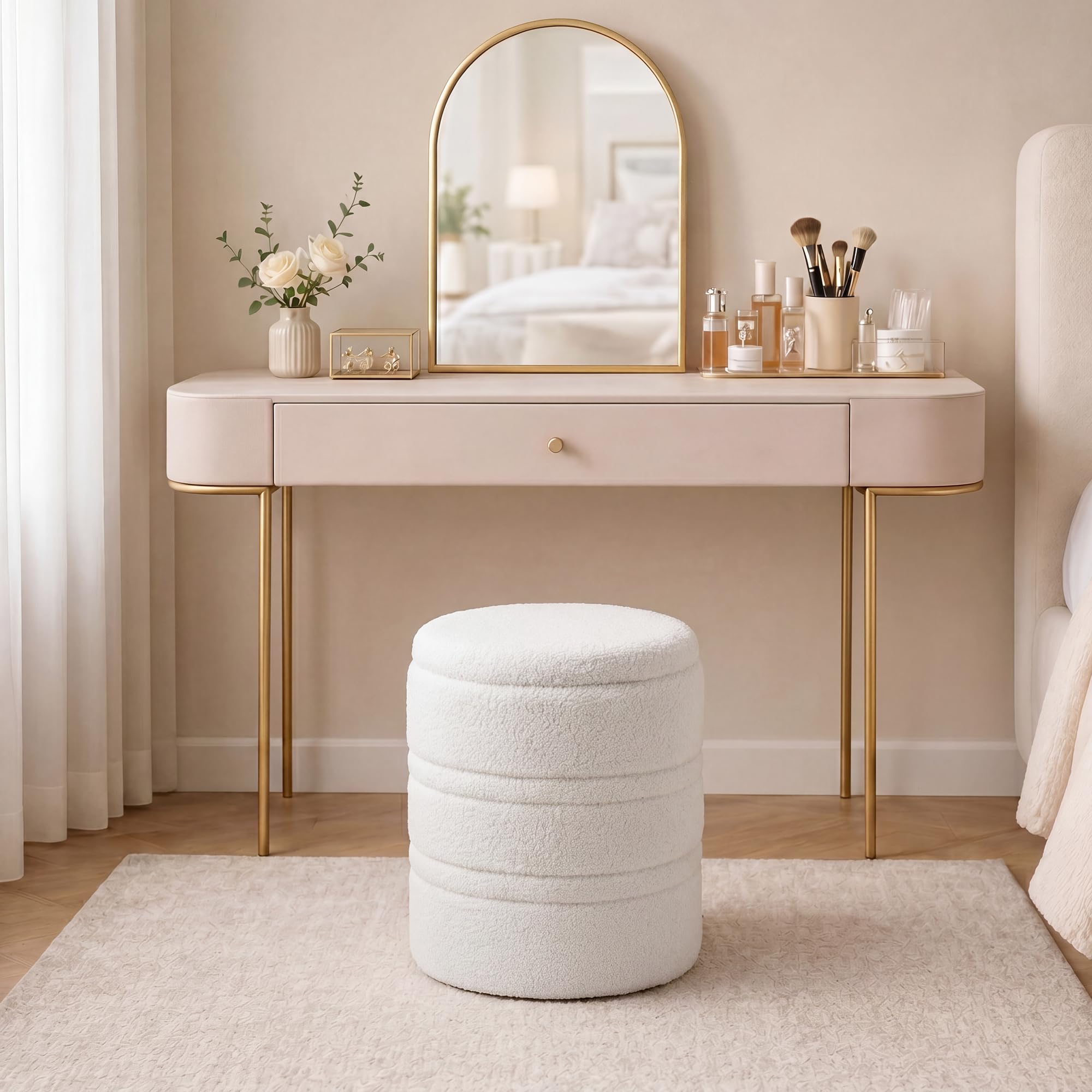 HOMCOM Puff Almacenaje Banco Almacenaje 33 L Redondo Ø36,5x46,5 cm Blanco | Baúl de Almacenamiento con Tapa, Tapizado en Borreguito, Carga 120 kg, Taburete para Salón, Dormitorio o Recibidor