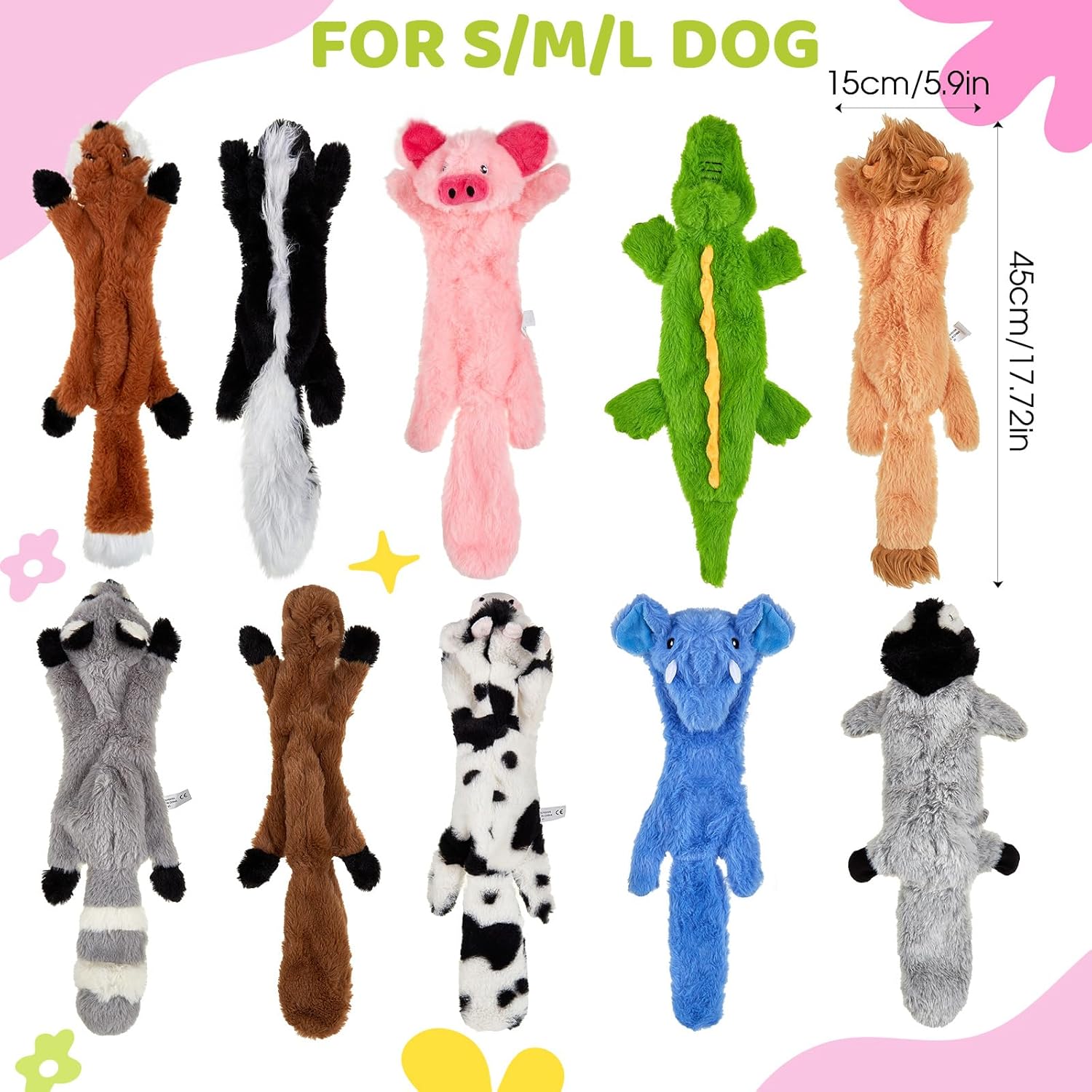 Syhood 10 Pack Dog Squeaky Toys No Stuffing Plush Chew Toy Animals Crinkle Dog Squeaky Toys Durable Stuffingless Puppy Teething Chew Toy with Squirrel Raccoon Skunk for Small Medium Large Breed Chewer
