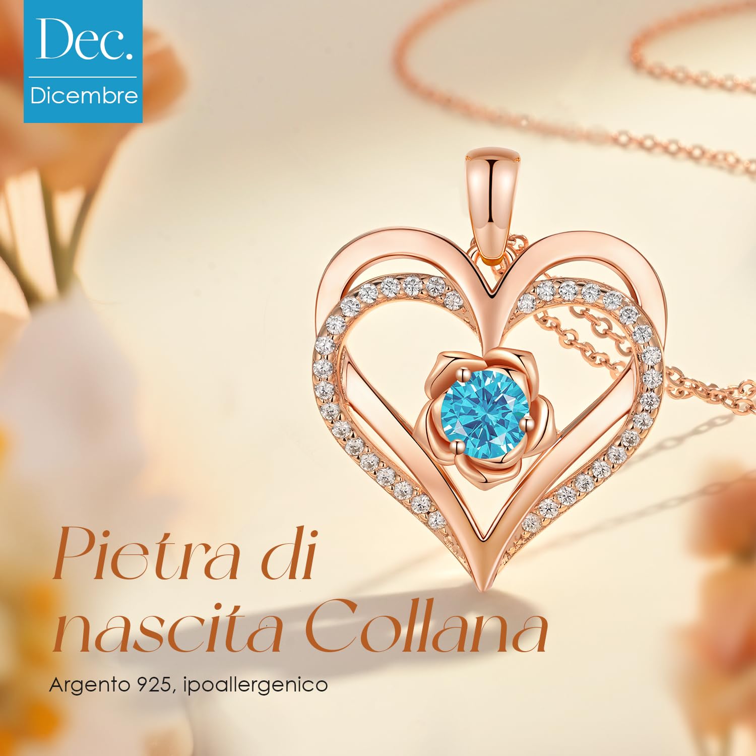CDE Collana Donna Argento 925 Collana in Cuore, Pietra di nascita Rosé Fiore Collana in Oro, Rosa Gioielli Donna Regalo Valentin’s Day Natale Compleanno