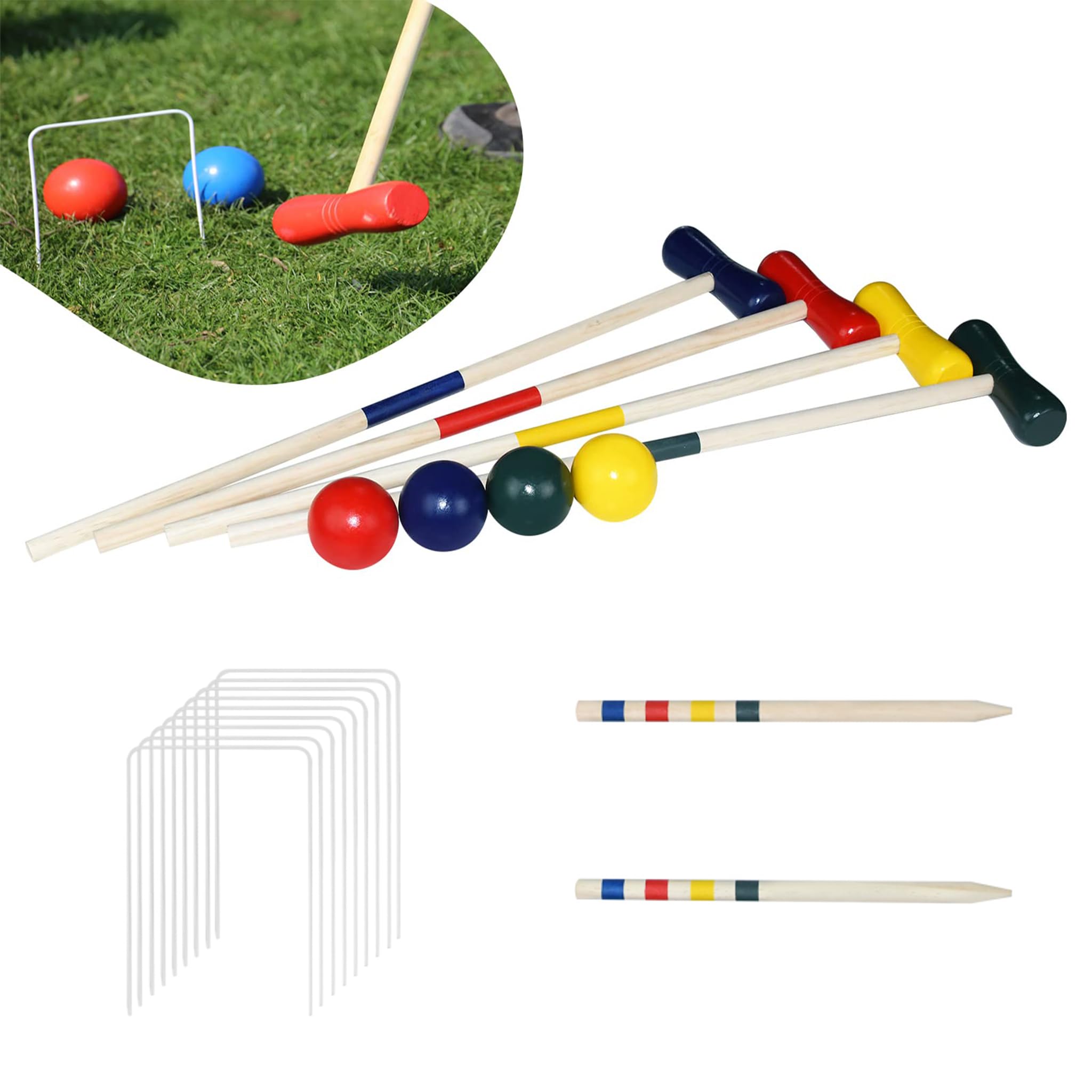 YRHome Ensemble de croquet de plein air en bois pour 4 joueurs - Jeu traditionnel avec piquets, cibles et balles