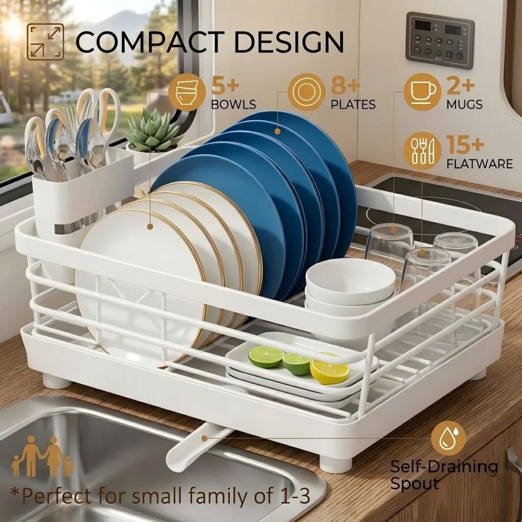 Small Dish Drying Rack for Kitchen Counter, Stainless Steel Dish Rack with Drainboard, Drain Spout and Utensil Holder, Compact Dish Drainer image 2