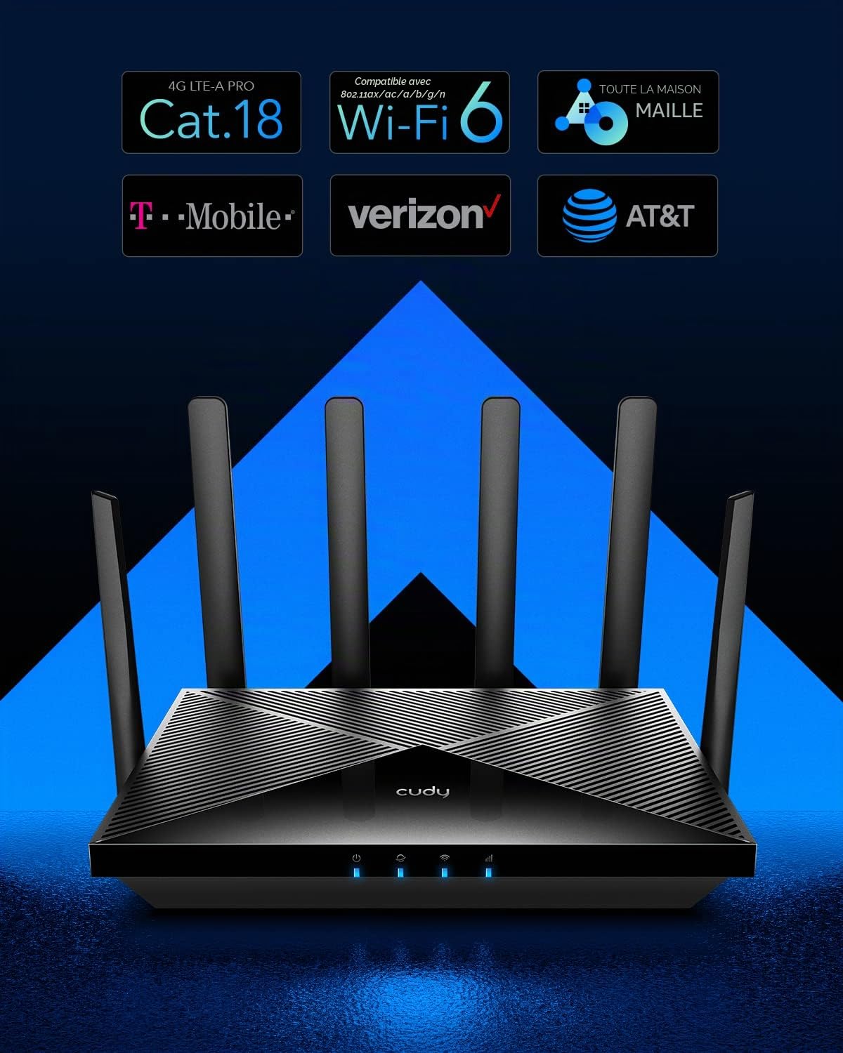 Cudy Routeur 4G LTE Cat 18 WiFi 6, jusqu'à 1,2 Gbps 4G LTE Modem 4 x 4 MIMO, AX1800 WiFi 6, OpenVPN, Wireguard, Zerotier, Cloudflare, IPv6, antennes Mobiles Amovibles, Double SIM