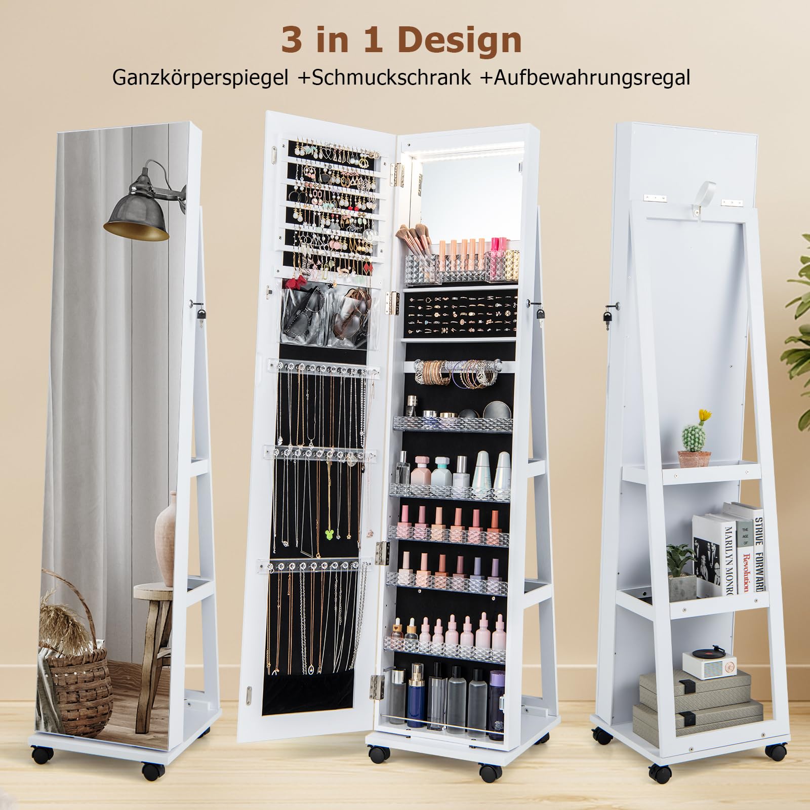 RELAX4LIFE Schmuckschrank mit Ganzkörperspiegel, 3 in 1 Spiegelschrank mit 4 Rädern & 3 farbigen LEDs, 360° Drehbar & Abschließbar, Schmuckorganizer mit 3 Regalen (Weiß)